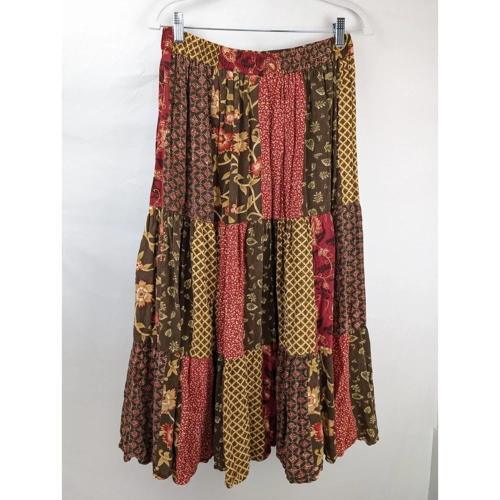 Vtg Y2K Patchwork Floral Tiered Maxi Skirt Sz L Cottagecore Prairie Hippie Boho